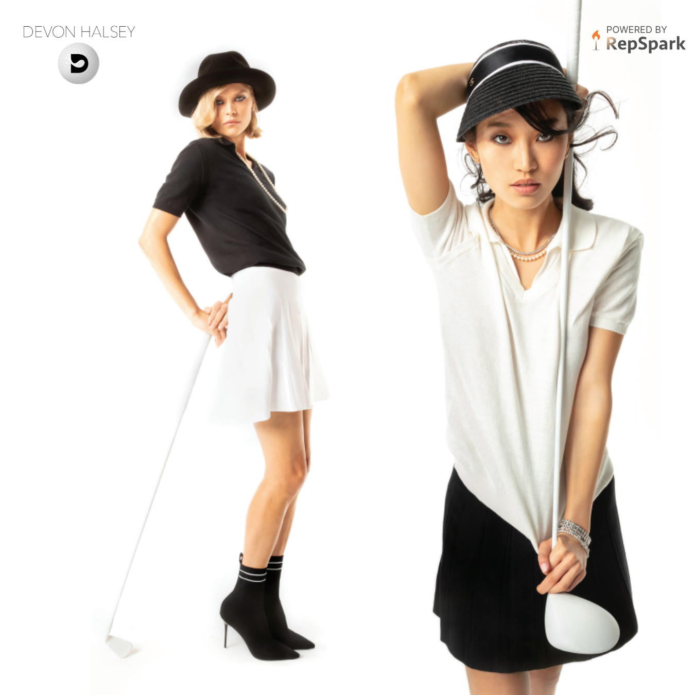 Two females modeling black and white golf clothing.