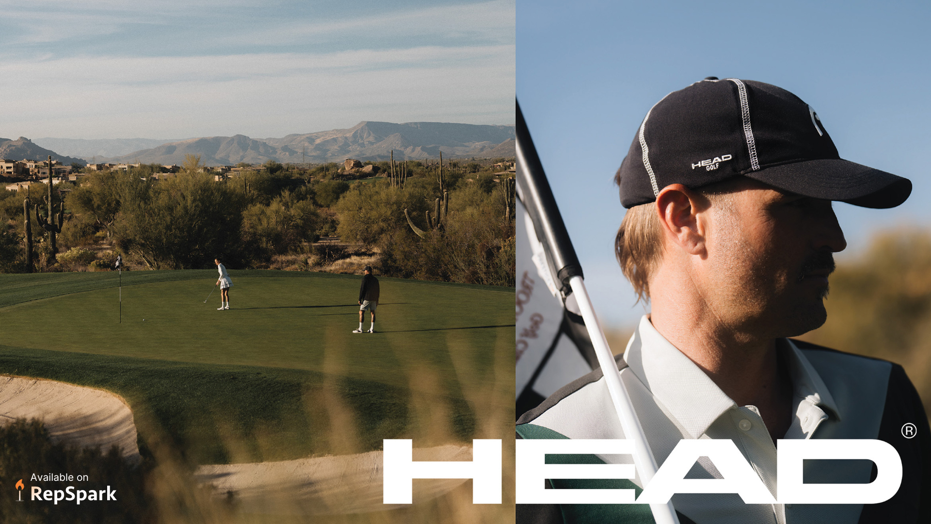 One Photo is to golfers putting on a putting green, and the other image is a close up of a golfer promoting the HEAD Golf hat.