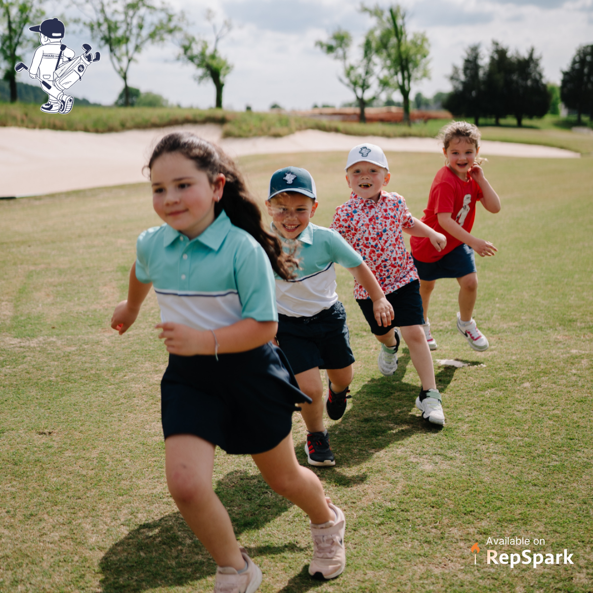 A Group of young children running on a golf course.