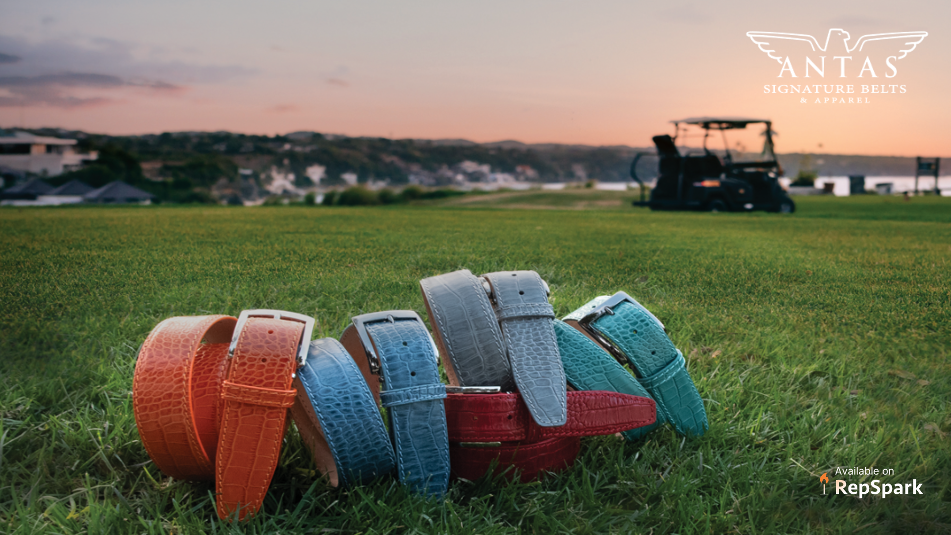 A bunch of belts coiled up and leaning on the green of a golf course with the sun setting in the back.