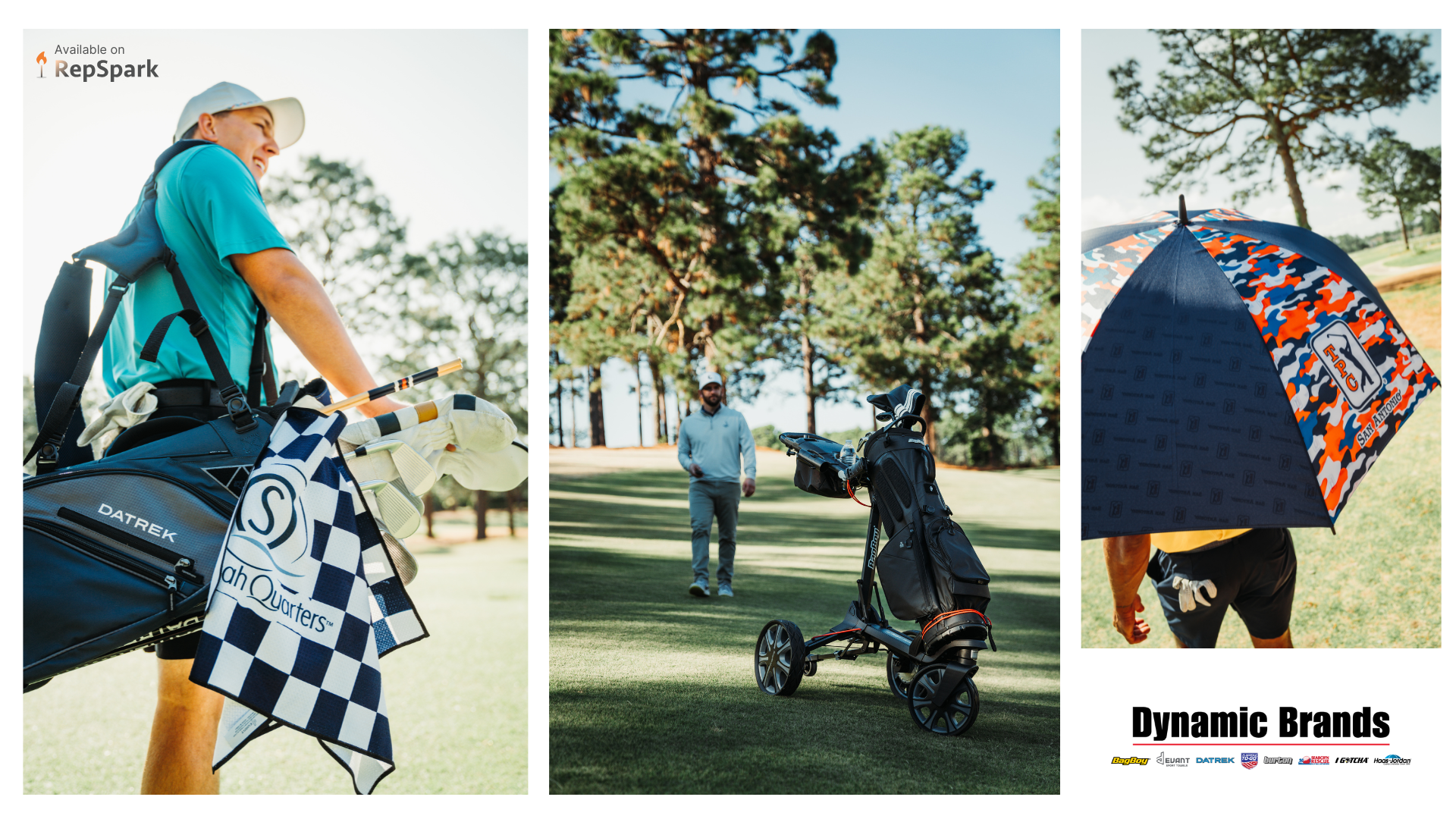 Three different photos stacked next to each other. Each photo displays different people walking on a golf course with different golf products.