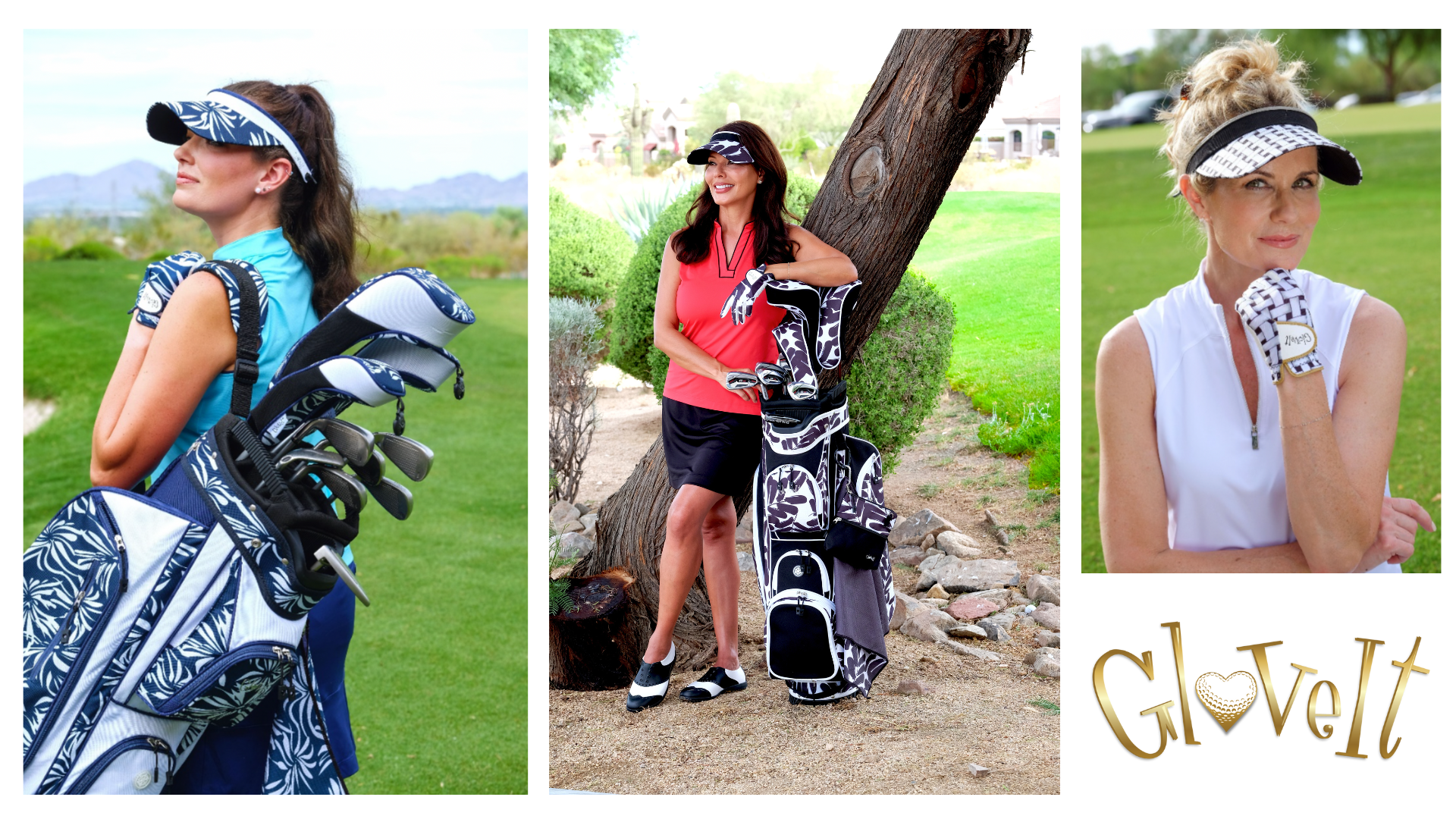 Three difference images of three different women standing on a golf course. 