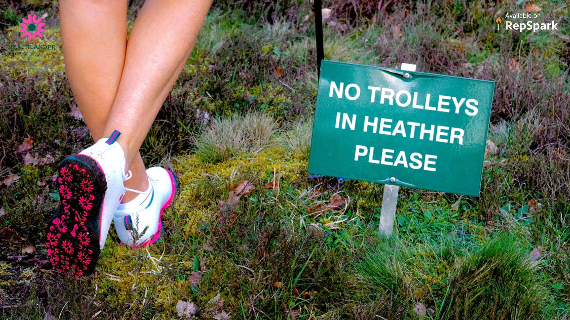 Woman in white with hot pink soled golf shoes stepping on on a restricted area with a small sign asking not to step on the restricted area.