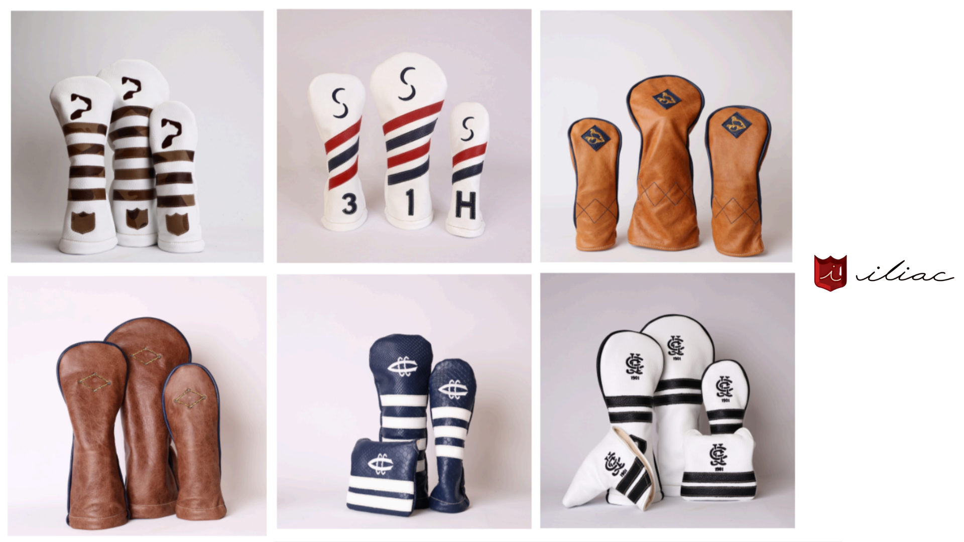 6 images of golf head covers, each are various color and made of leather.