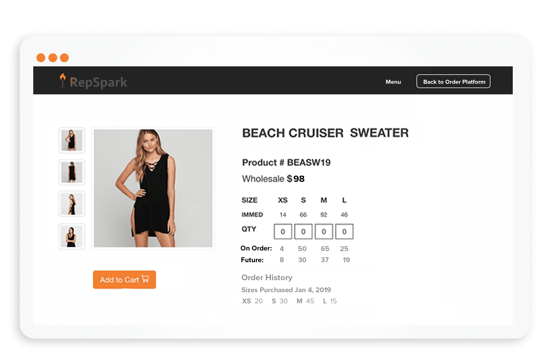 RepSpark Order Entry Dashboard featuring model in chic black dress - Boost your fashion retail efficiency with our intuitive platform!