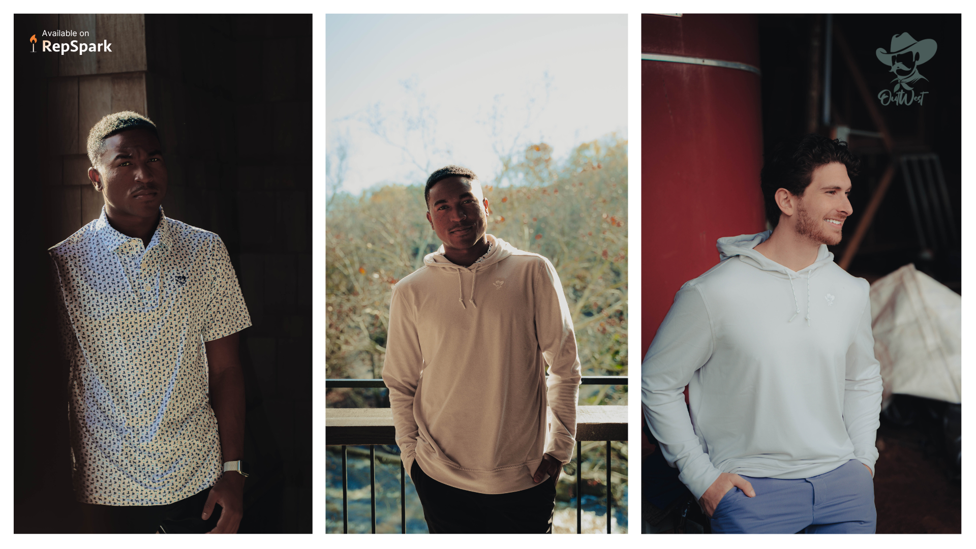 Three different images of men wearing athletic shirts. 